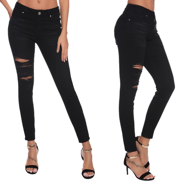 Resfeber Black Distressed Skinny Stretched Jeans - Picture 1 of 6